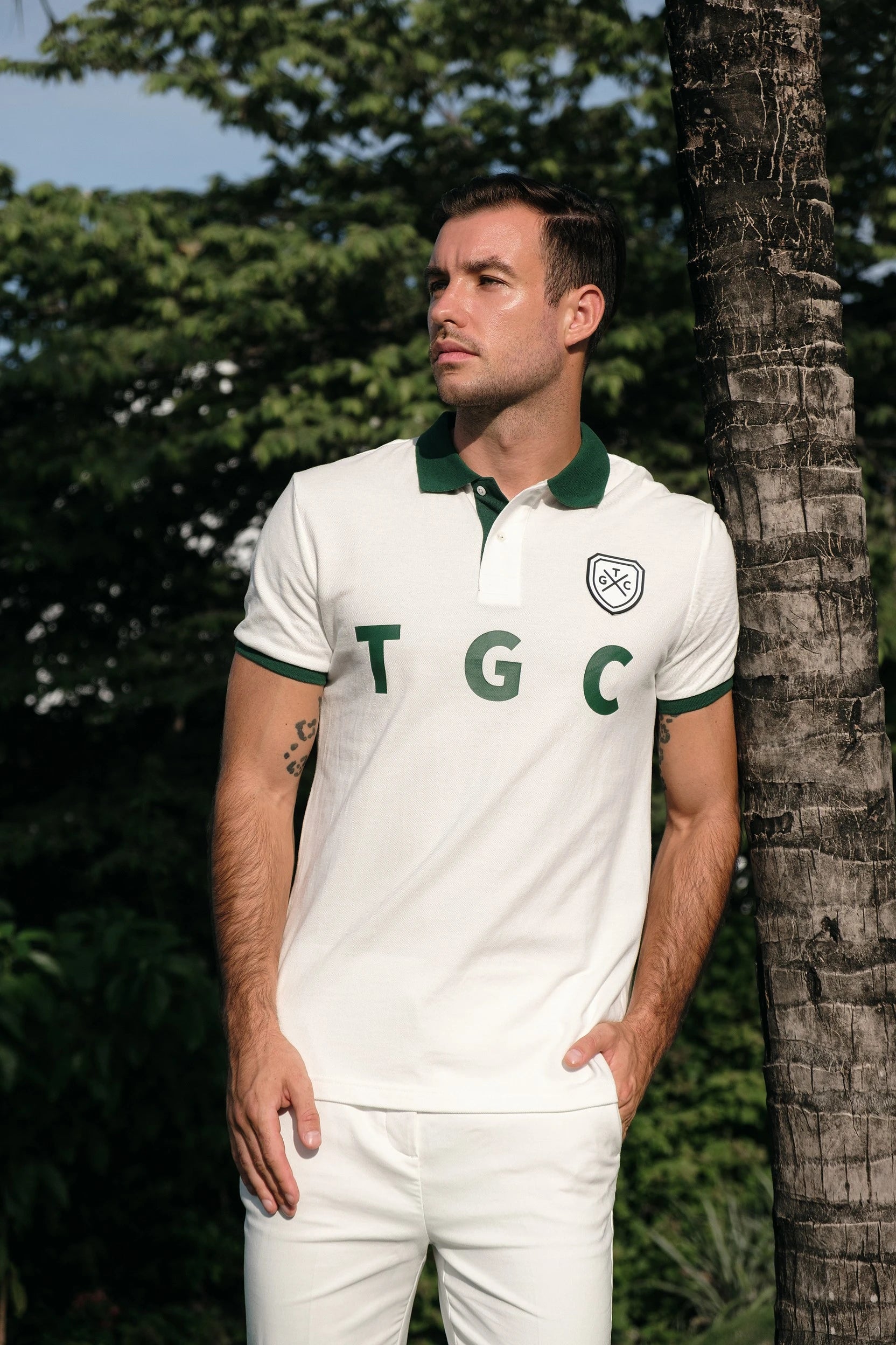 White & Green Print Polo